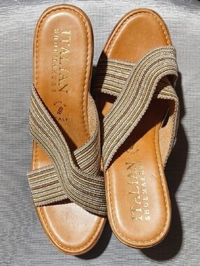 Italian Shoemakers Tan Leather Slide Mules with Woven Beige Straps